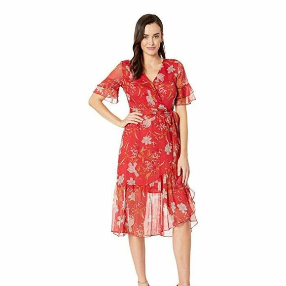 Vince Camuto Dress Wrap Floral Tired Ruffled Red 2 - Picture 1 of 7